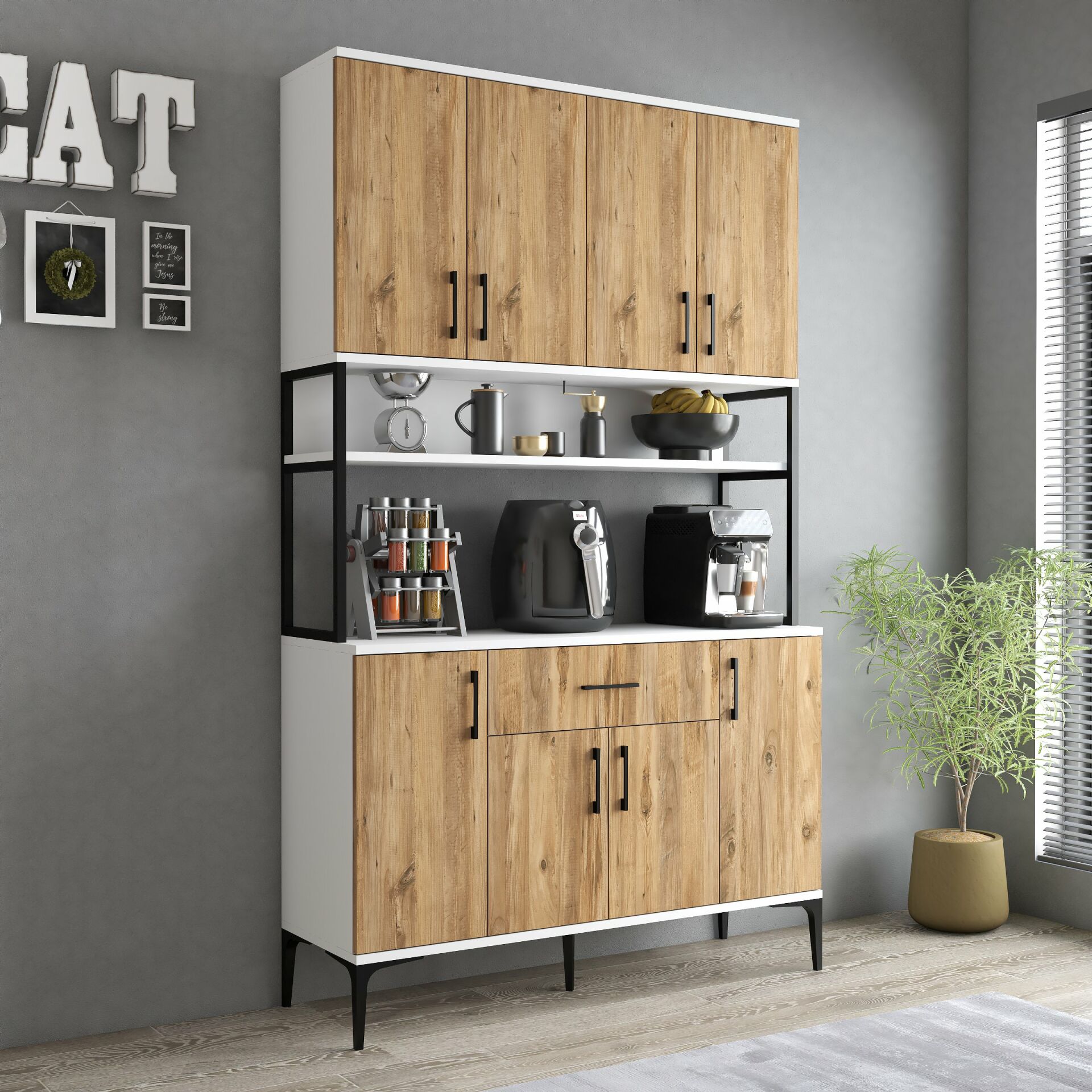 Tanmob MDL0403 Alt Üst Çok Amaçlı Dolap 8 Kapaklı Çekmeceli Raflı Mutfak Dolabı Beyaz Çam