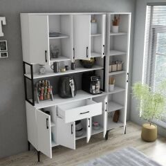 Tanmob MDL0501 Alt Üst Tek Kapılı Çok Amaçlı Dolap 8 Kapaklı Çekmeceli Raflı Beyaz