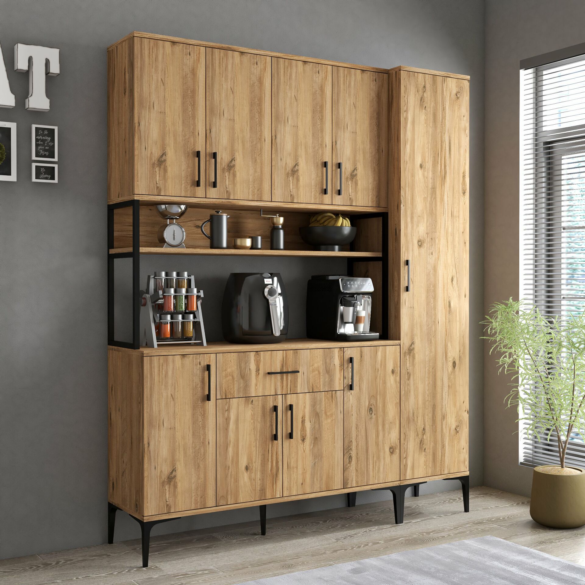 Tanmob MDL0502 Alt Üst Tek Kapılı Çok Amaçlı Dolap 8 Kapaklı Çekmeceli Raflı Çam