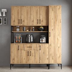 Tanmob MDL0502 Alt Üst Tek Kapılı Çok Amaçlı Dolap 8 Kapaklı Çekmeceli Raflı Çam