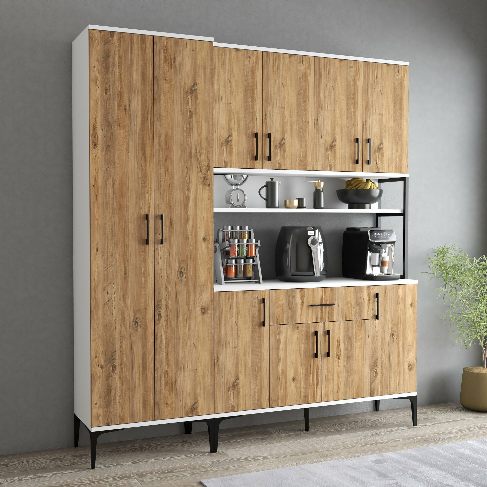 Tanmob MDL0603 Alt Üst Çift Kapılı Çok Amaçlı Dolap 8 Kapaklı Çekmeceli Raflı Beyaz Çam