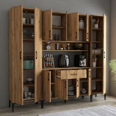 Tanmob MDL0702 Alt Üst Üç Kapılı Çok Amaçlı Dolap 8 Kapaklı Çekmeceli Raflı Çam