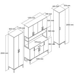 Tanmob MDL0702 Alt Üst Üç Kapılı Çok Amaçlı Dolap 8 Kapaklı Çekmeceli Raflı Çam