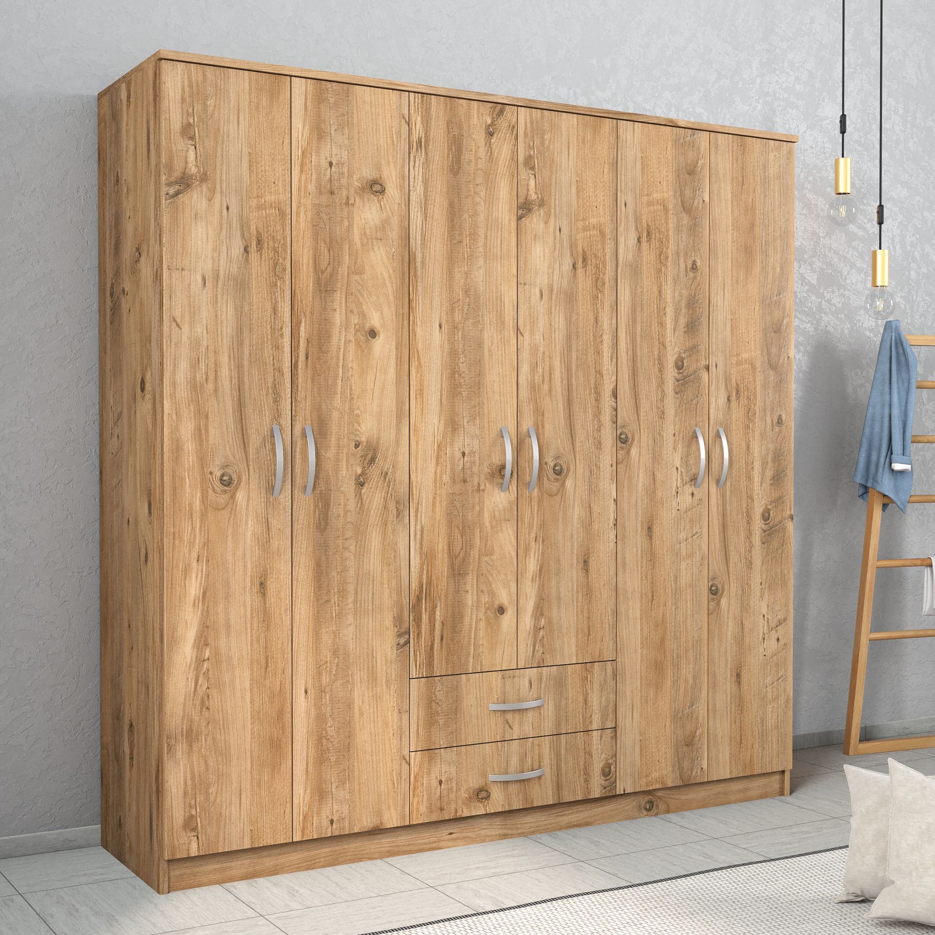 Nisa 6 Kapılı 2 Çekmeceli 7 Raflı Geniş Gardrop Çam - GRD1102