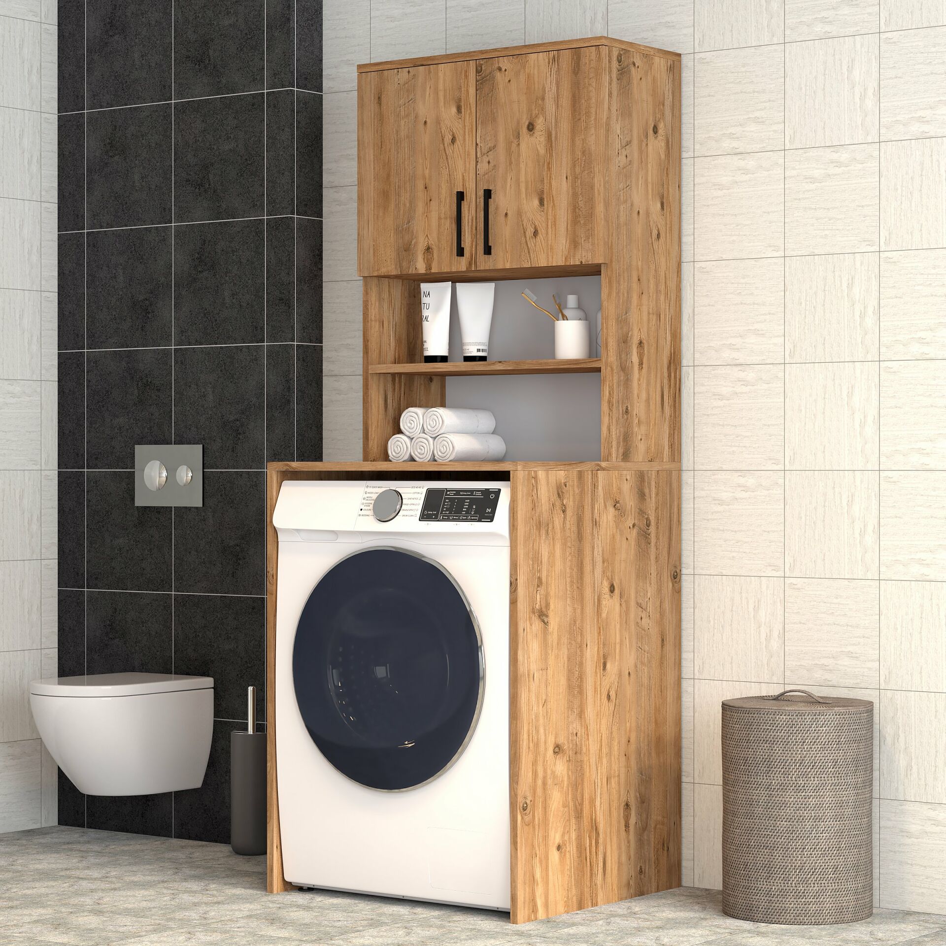 2 Kapaklı Raflı Çamaşır Makinesi Dolabı Çam - BDL0602